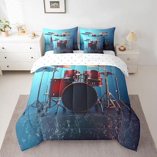 Feelyou Drum Kit Print Bedding Set Rock Music Themed Comforter Set 7 Pieces Quee