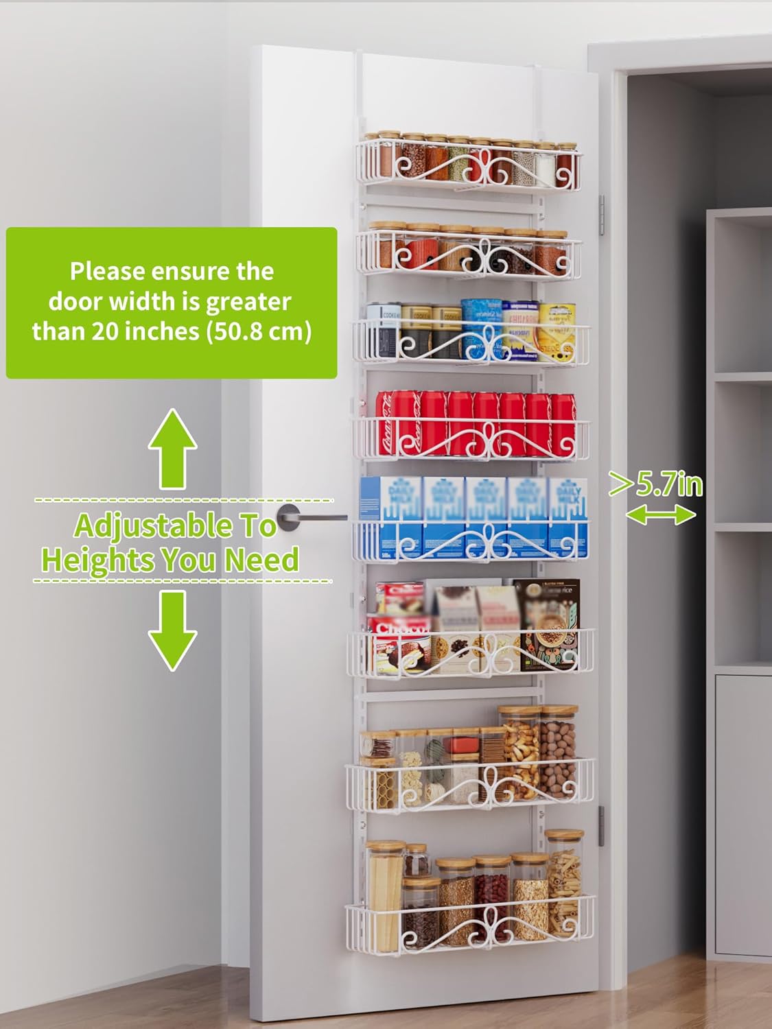 Over the Door Pantry Organizer - 8-Tier Adjustable Pantry Organization And Storage, Metal Hanging Door Spice Rack for Kitchen Pantry Organizers，White
