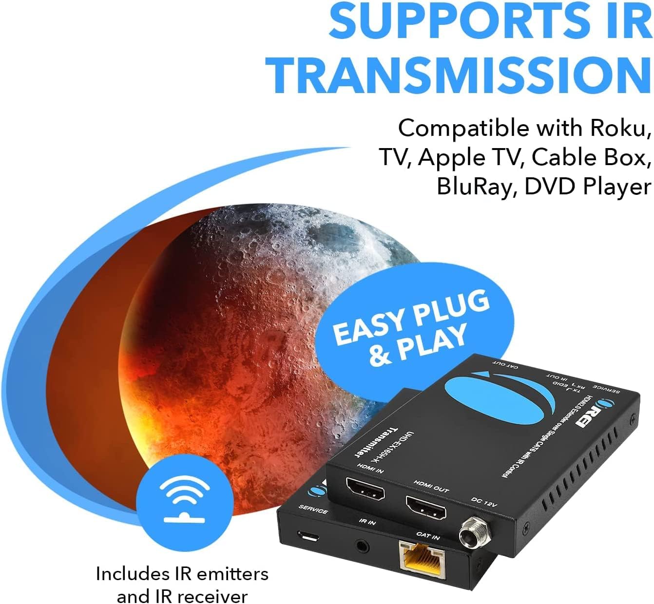 OREI HDMI Extender UltraHD Over Single Cat6/Cat7 Cable - 4K@60Hz with HDR & IR Control - Up to 165 ft - HDMI 2.0 and HDCP 2.2 Compliant with EDID Management - 20 Units Per Box (UHD-EX165H-K)