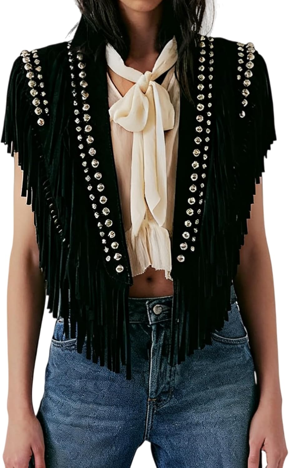 Women Studded Fringe Vest Faux Suede Collar Open Front Wrap with Tassels Shawl Fringe Poncho Western Outfits