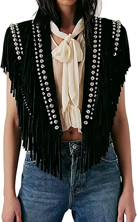Women's Studded Fringe Vest (Faux Suede, Open Front with Tassels)