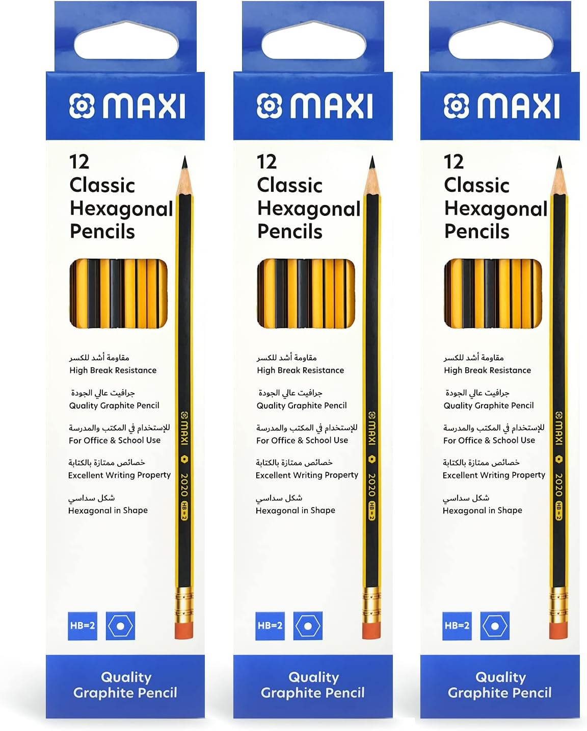 Maxi Classic Hexagonal Graphite Pencil HB With Rubber tip 12Pcs X 3Box (36pcs), Premium quality pencils for writing, drawing, and sketching on paper, ideal for School, Office, and Home