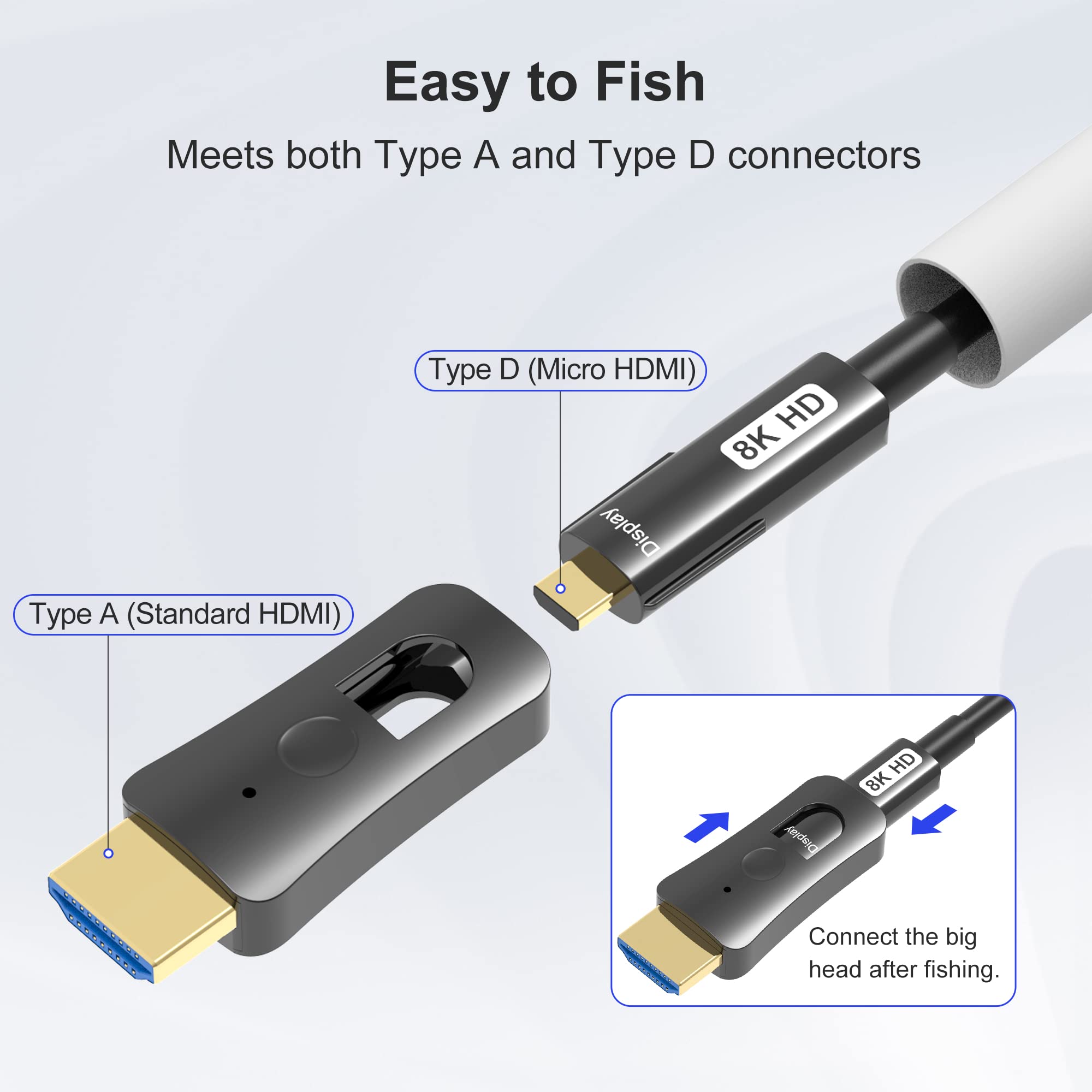 YIWENTEC HDMI Fibre Optic Cable HDMI 2.1 48 Gbps High-Speed Cable of 8K @ 60Hz 4K @ 120Hz Support Dolby Dynamic HDR HDCP 2.3 Earc with Micro HDMI Pull Type (8K-15M)