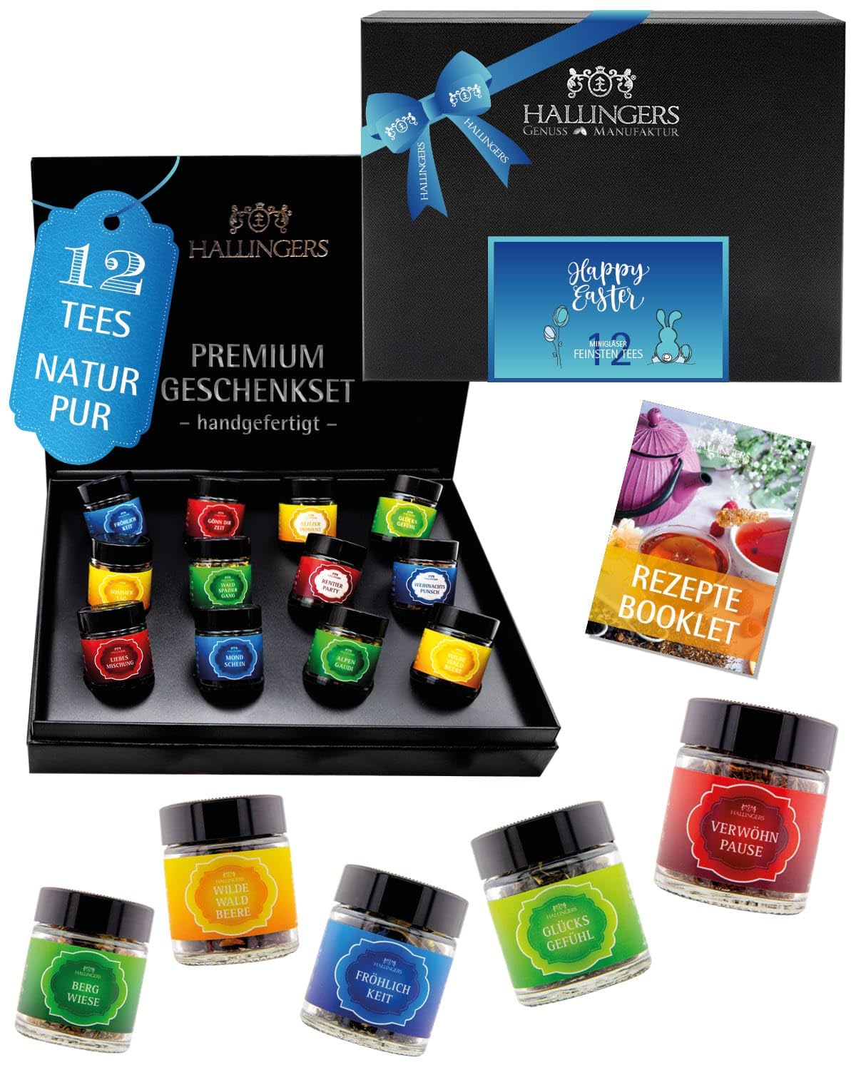 Hallingers Genuss Manufaktur Tee Oster-Geschenk-Set - 12 Sorten premium loser Tee Probierset in edler Geschenkbox mit Rezept-Booklet ""Happy Easter"", Ostern Körbchen für Frauen Männer