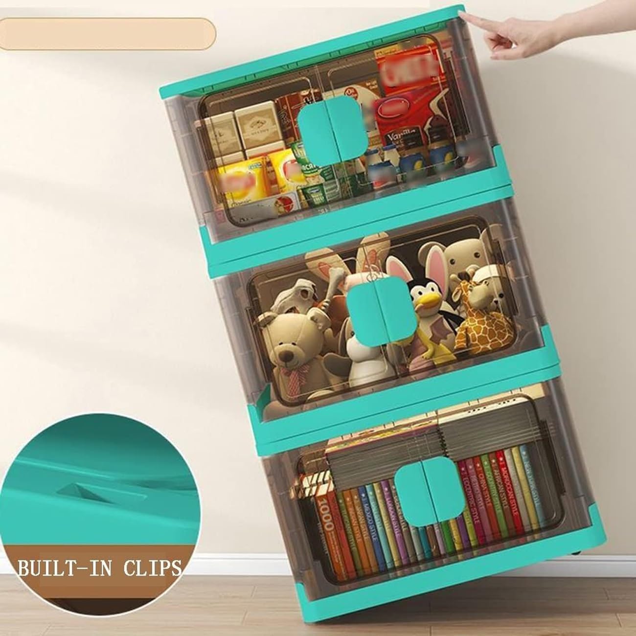 折りたたみ式収納ボックス、蓋と両開き扉付き、積み重ね可能なプラスチック製クローゼットオーガナイザーボックス、移動可能な雑貨収納キャビ