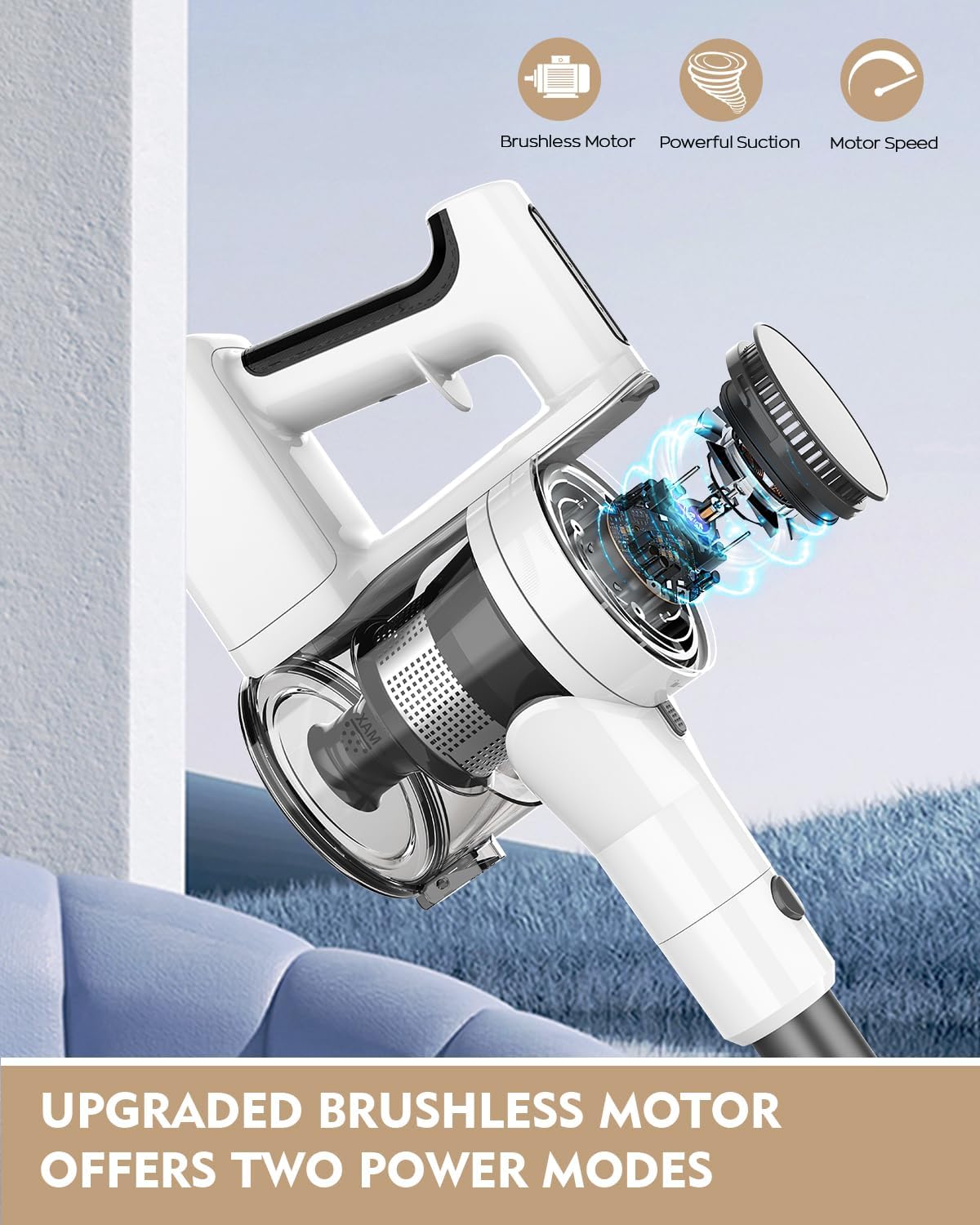 Cordless Vacuums, 80,000PRM Powerful Motor Vacuum Cleaner and 2200mAH Rechargeable Battery up to 35 Mins Worktime, 2 Adjustable Modes, Detachable Parts, Wireless Stick Vacuum (Onion White) - Image 4