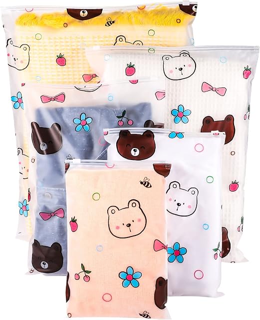 24 Pcs Travel Clothes Storage Bags, Reusable Plastic Printed Ziplock Bags Hospital Bags Maternity Essentials Waterproof Luggage Organiser Pouch for Clothes Girls' Garment School Trip (5 Size Mixing)