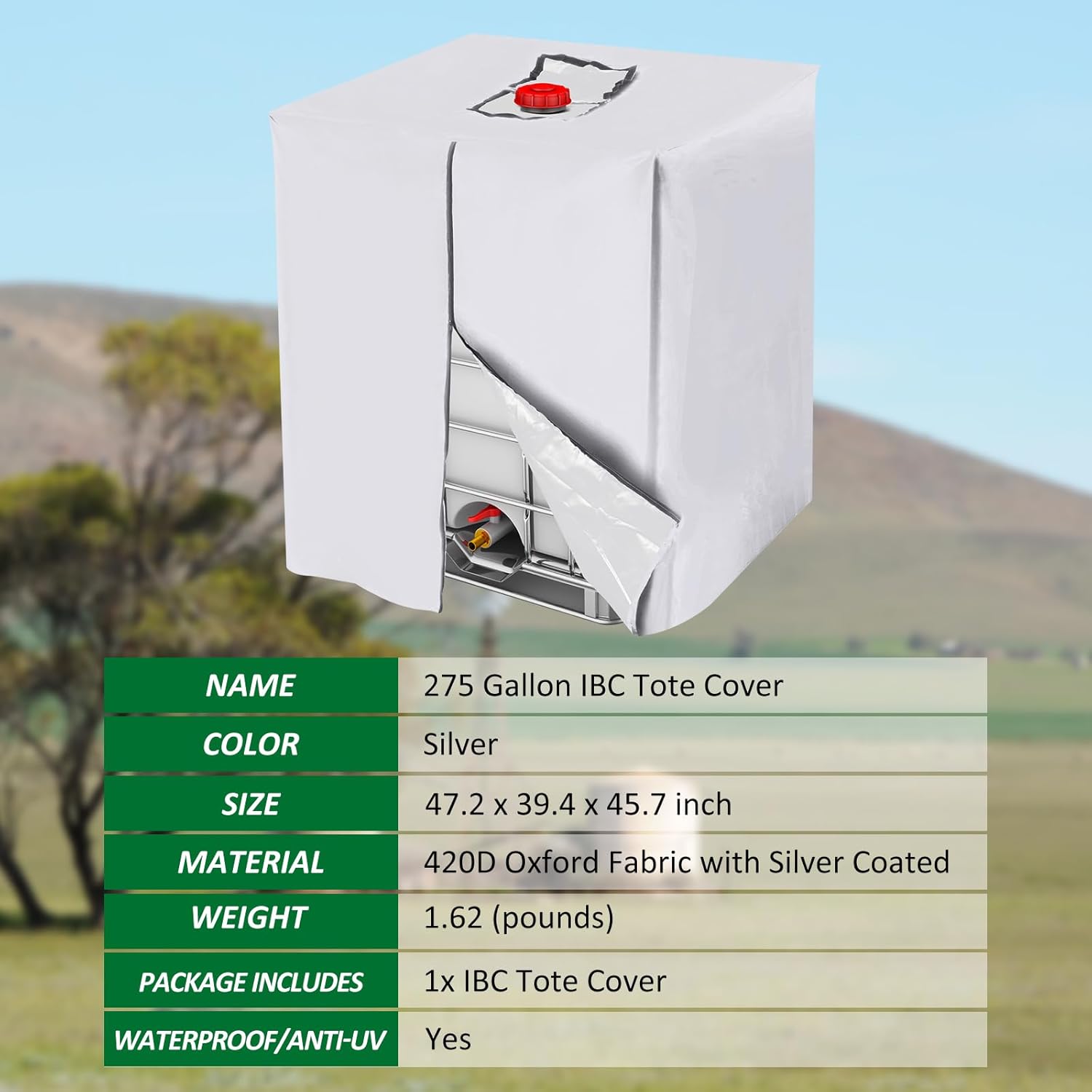 MECCANIXITY Zipper IBC Tote Cover 275 Gallon, 420D Heavy Oxford Waterproof Sunshade Rain Barrel Water Tank Protective Cover for 1000L Outdoor Garden, (39.37 x 47.24 x 45.66 Inch, Silver)