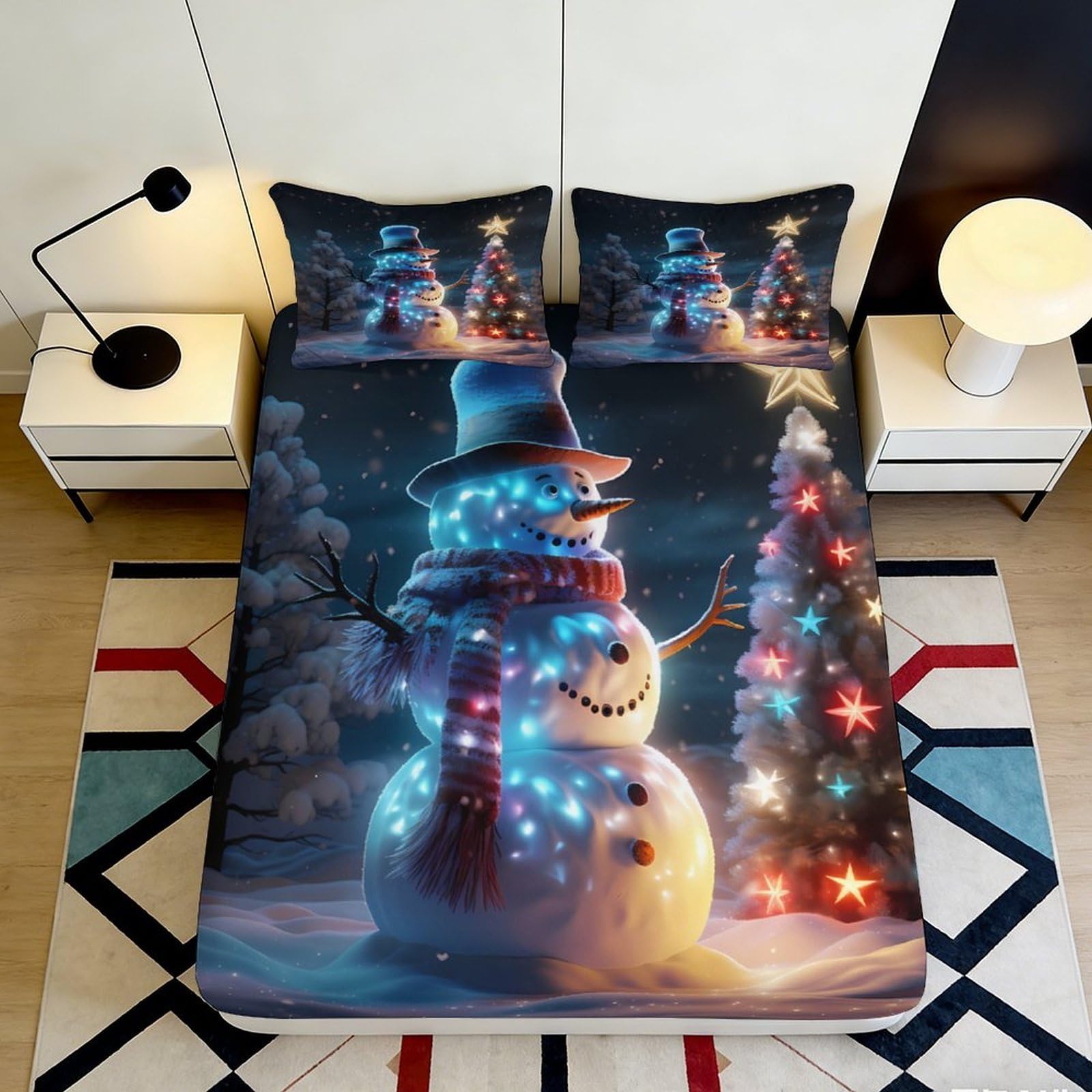 3D Printed Snowman Christmas Tree Fitted Sheet Microfiber Anti-Slip Bed Cover for Bedroom Guest Room Decor Easy Care 200x200x25cm