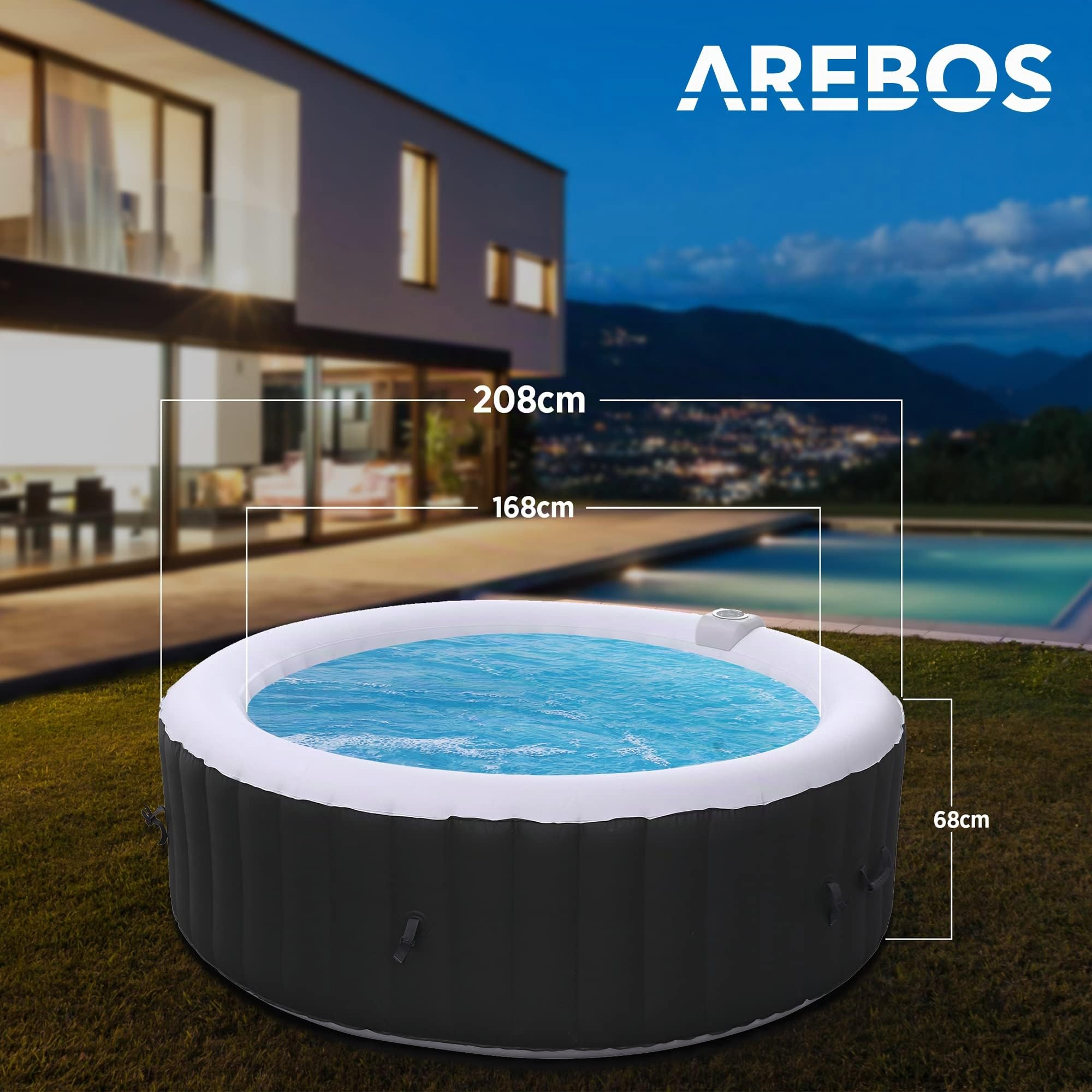 Arebos SPA Hinchable Piscina de hidromasaje | Hinchable | Redonda | para Interior y Exterior | ⌀ 208 cm | 6 Personas | 130 chorros de Masaje | 1000 litros