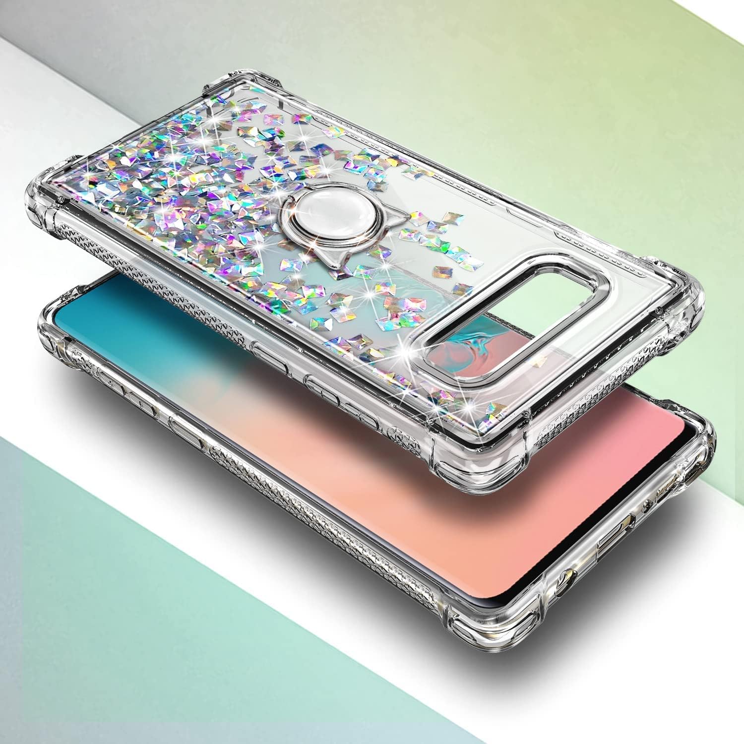 E-Began Compatible with Samsung Galaxy S10 Plus Case with Screen Protector (Maximum Coverage Flexible TPU Film)/ Ring Holder/Wrist Strap, Sparkle Glitter Liquid Girls Women Kids Cute Case -Clear Gem