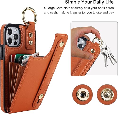 Miniatura 4 de Folosu Funda tipo cartera para iPhone 1212 Pro con soporte para tarjetas, correa de mano para la muñeca, soporte de bucle, bloqueo RFID, anillo de