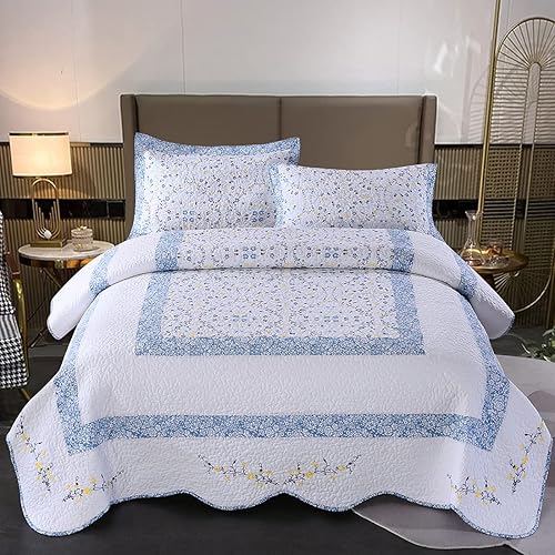 Miniatura 3 de vctops Juego de edredón acolchado con bordado floral 100% algodón, tamaño Queen, 3 piezas, reversible, ligero, borde festoneado, 1 edredón y 2