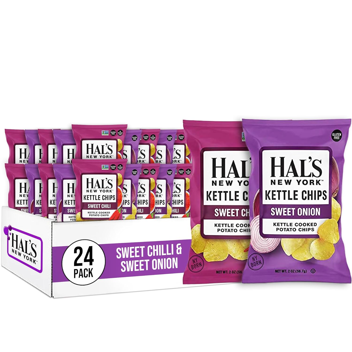 Hal's New York Kettle Cooked Potato Chips, Sweet Variety, Sweet Onion & Sweet Chili, 2 Oz (Pack of 24)