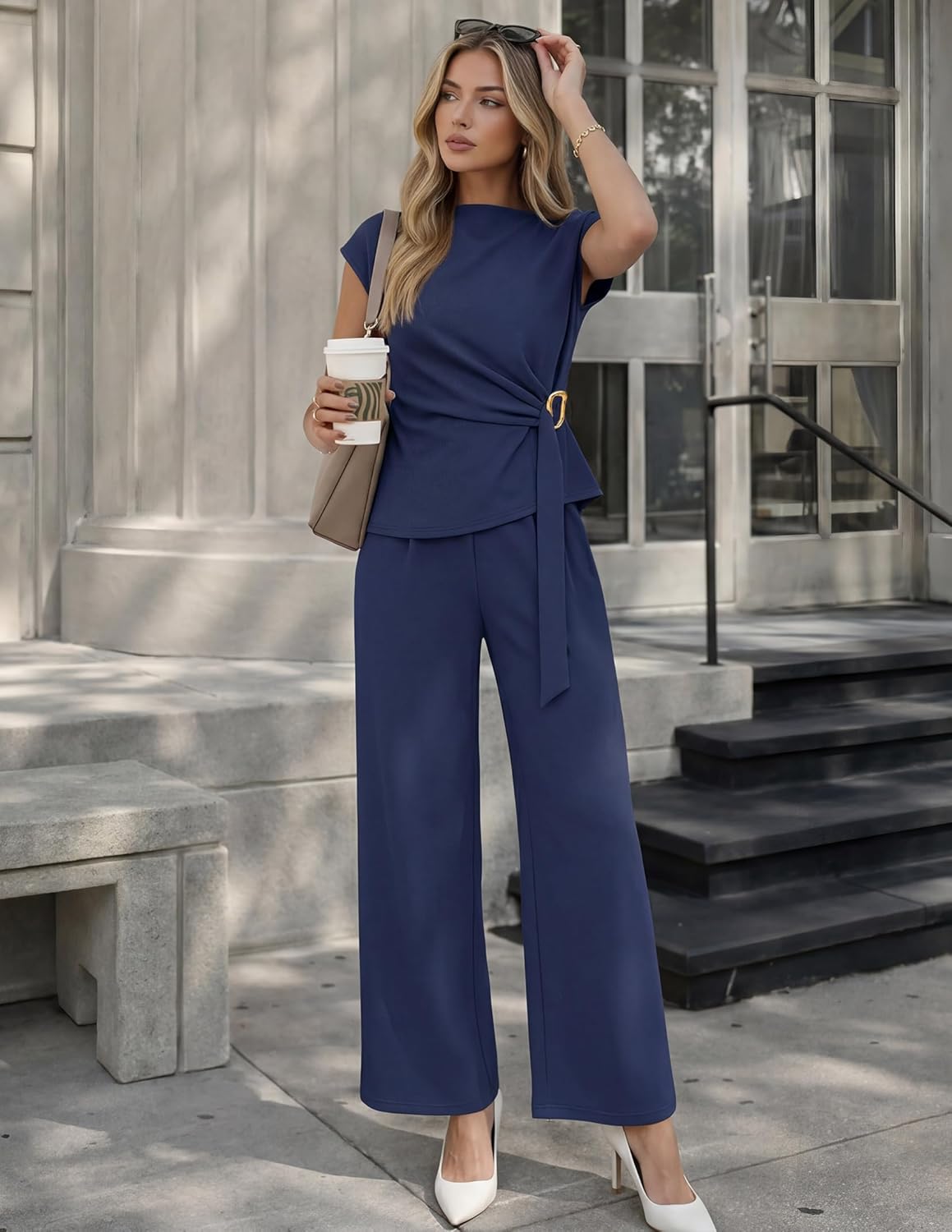 ZESICA Women's 2026 Summer 2 Piece Outfit Sets Casual Short Sleeve Knit Belted Tops and Wide Leg Pants Work Office Clothes