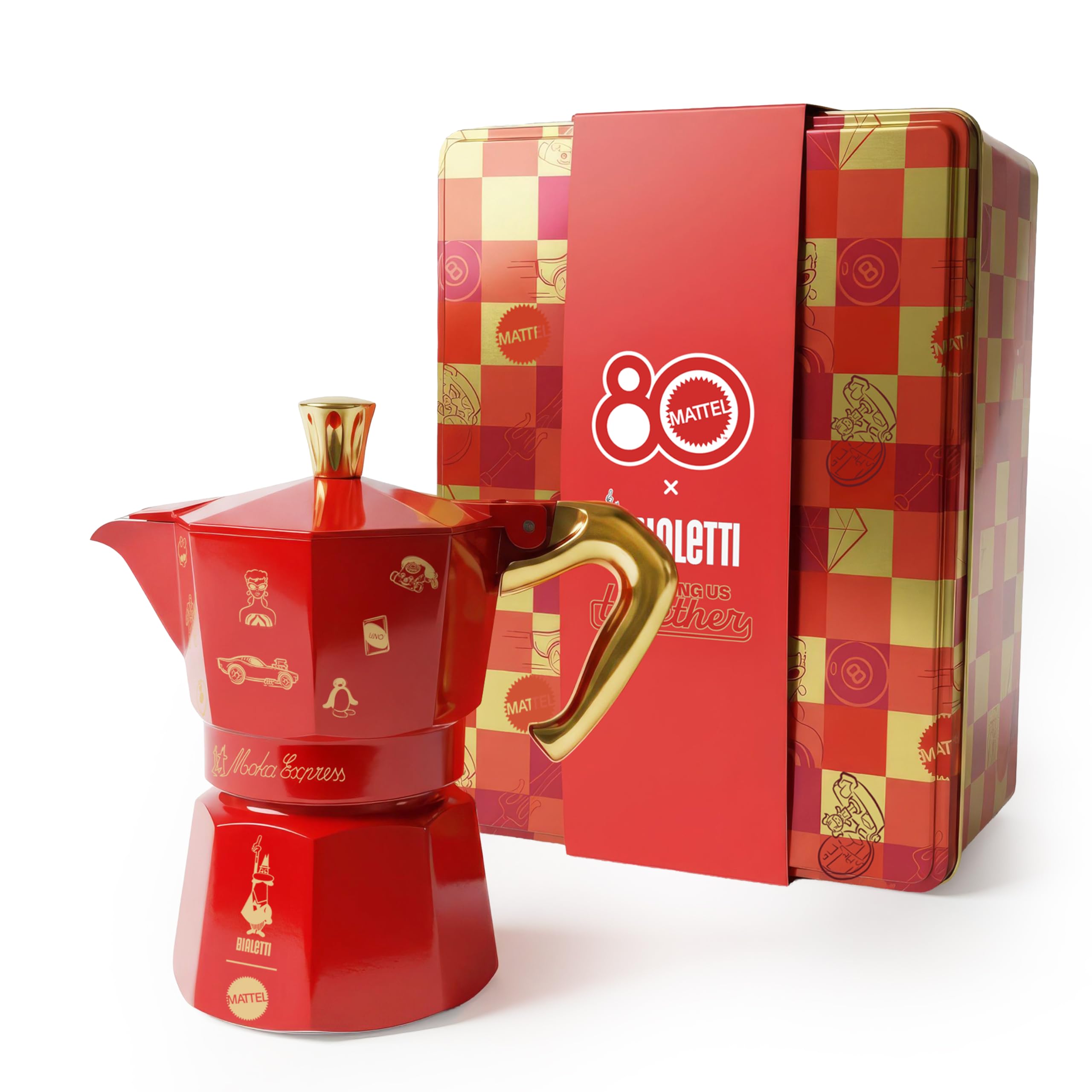 Bialetti Moka Express de 3 tazas (130 ml) Edición Mattel Octagésimo, cafetera de colección con lata celebrativa - Fabricada en aluminio, no apta para inducción, roja