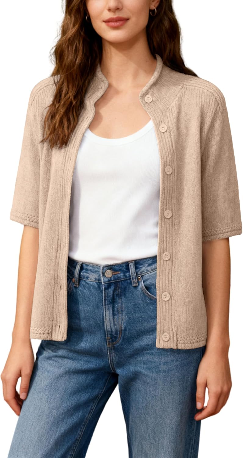 Bankeng Cropped Short Sleeve Cardigan Sweaters for Women Stand Up Collar Button Down Lightweight Knit Sweater Top