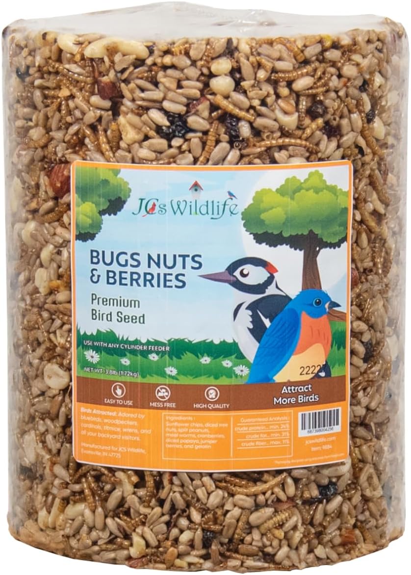 JCs Wildlife Bugs Nuts and Berries Premium Bird Seed Large Cylinder with Hole, 3.8 lb (1)