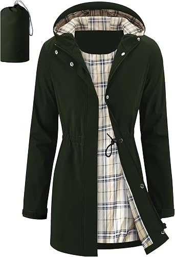 iCreek Womens Long Rain Jacket Waterproof Packable Hooded Windbreaker