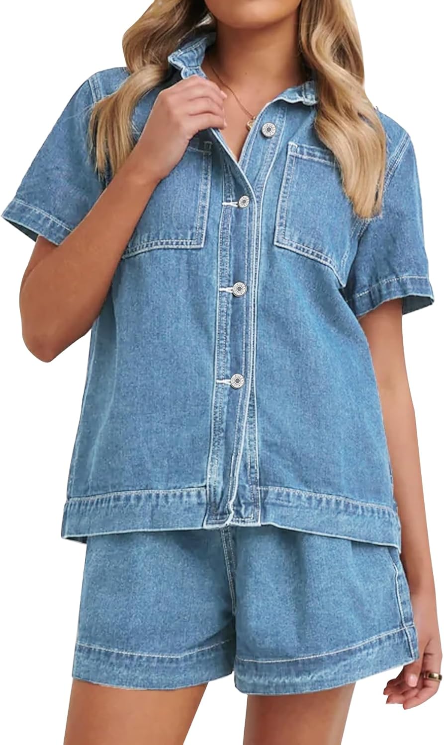 Kedera Summer Denim Set for Women 2 piece Casual Short Sleeve Boxy Shirt Tops and Shorts Pants Lounge Sets Outfits