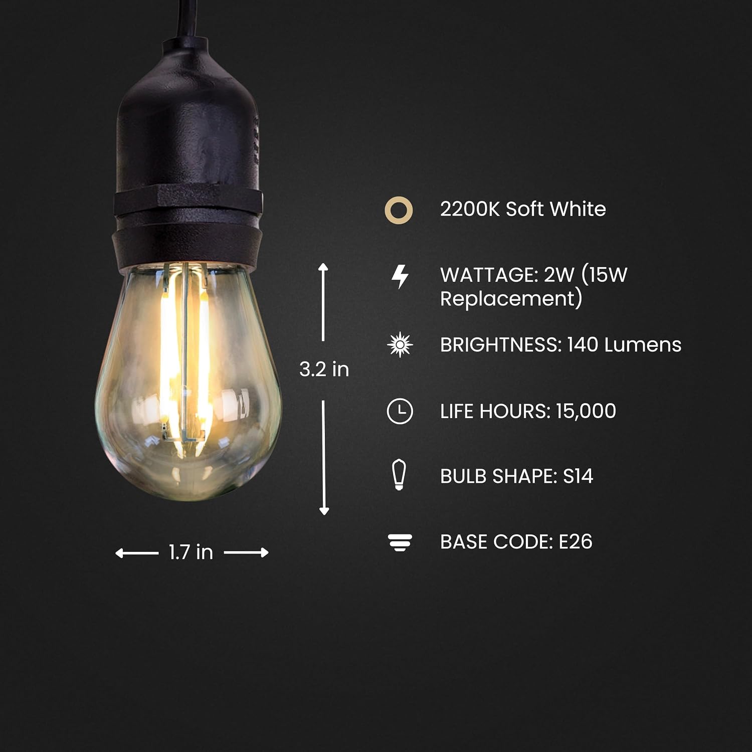Feit Electric S14 LED Exposed Filament Light Bulbs, Soft White 2200K, Switch-Selectable 70/140 Lumens, Decorative String Light Replacement Bulbs, 15,000-Hour Lifetime, S14/822/2DIM/FIL/4, 4 Pack