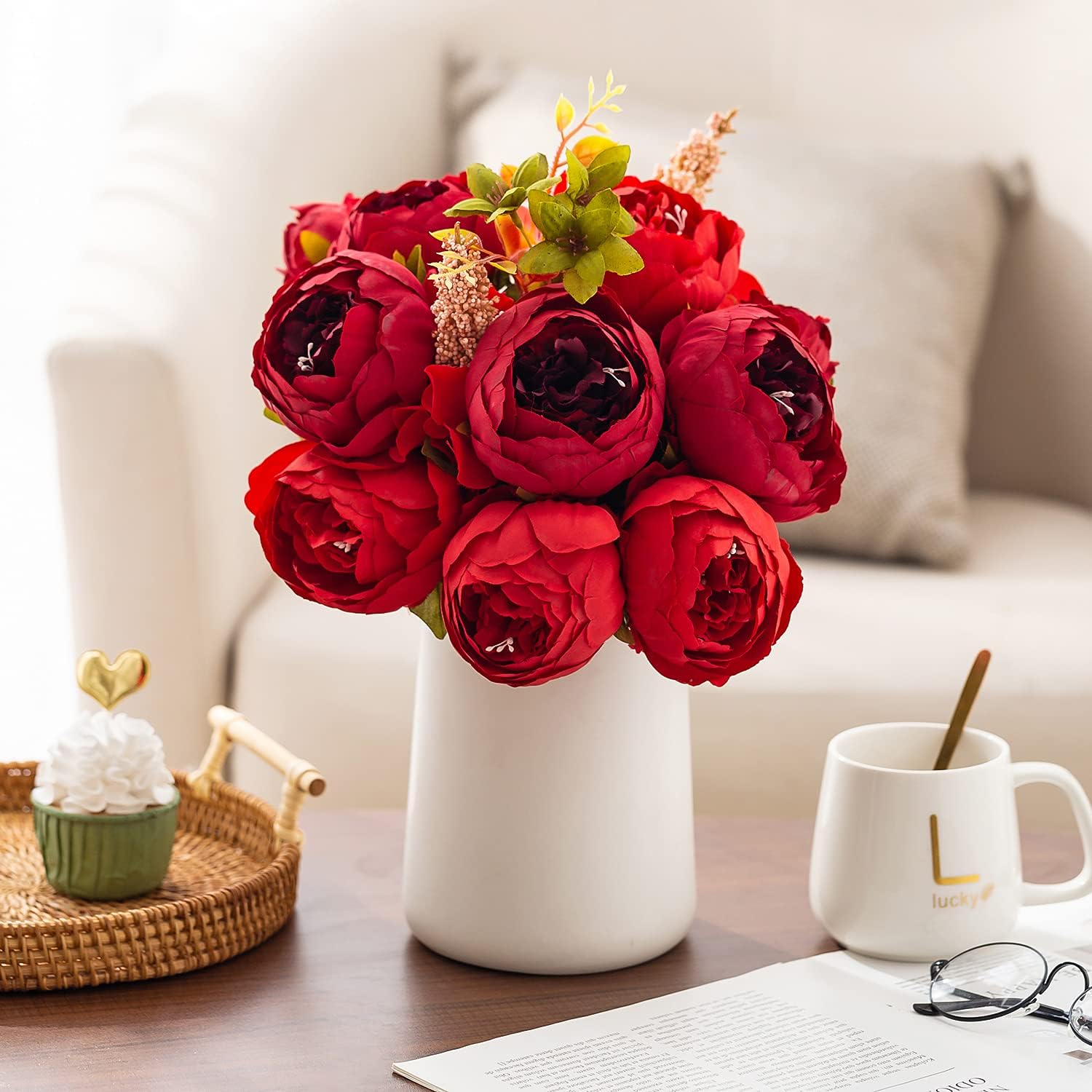 Queen Bee Silk Peony Bouquet with Ceramic Vase Included Large Size 14" Wedding Centerpiece Events Birthday Gift Bridal Baby Shower Floral Arrangement Artificial Fake Flowers (Red) : Home & Kitchen