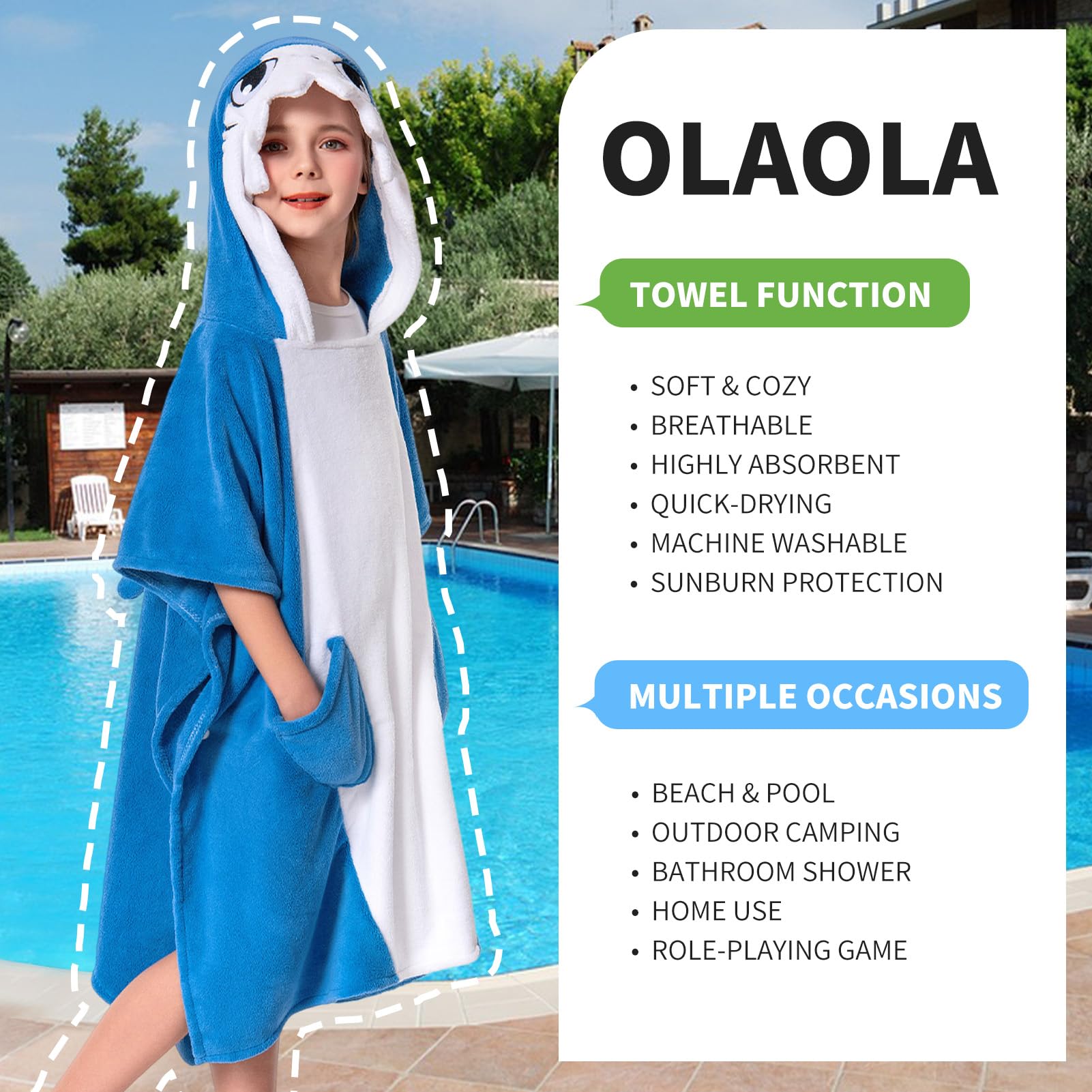 OLAOLA Kids Poncho Towel Hooded Beach Changing Robe Children Absorbent Bath Towels Swimming Wrap for Boys Girls 3-12 Years, Shark - Image 4