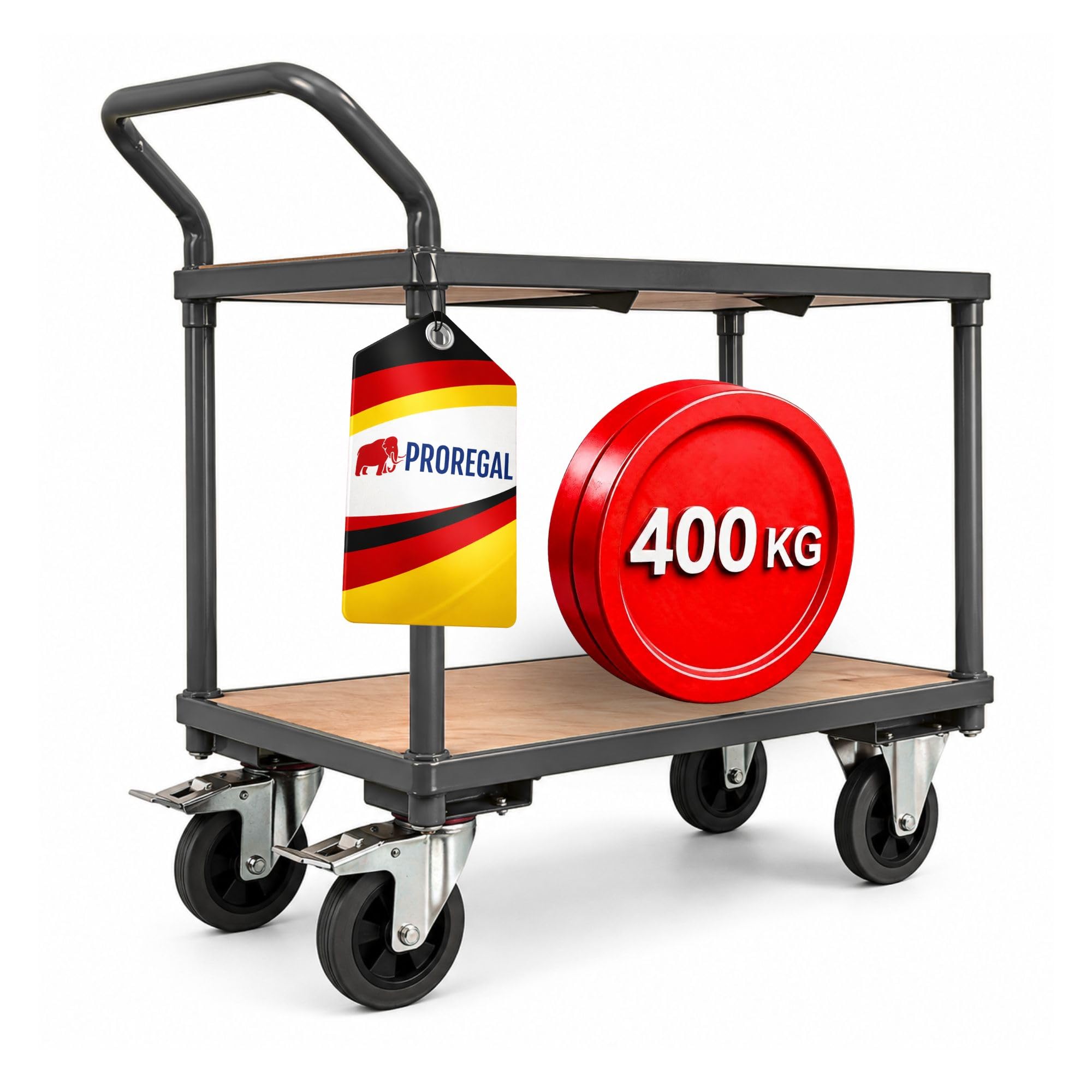 PROREGAL Tischwagen Transportwagen Handwagen Materialwagen Pro mit 2 Etagen | HxBxT 95x50x97cm | Traglast 400kg | Grau