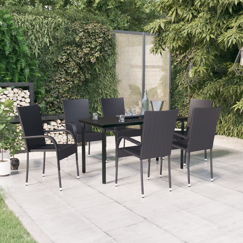 Juego de comedor de jardín de 7 piezas, color negro de acero pulverizado con ratán de polietileno y tablero de cristal como muebles de jardín negro