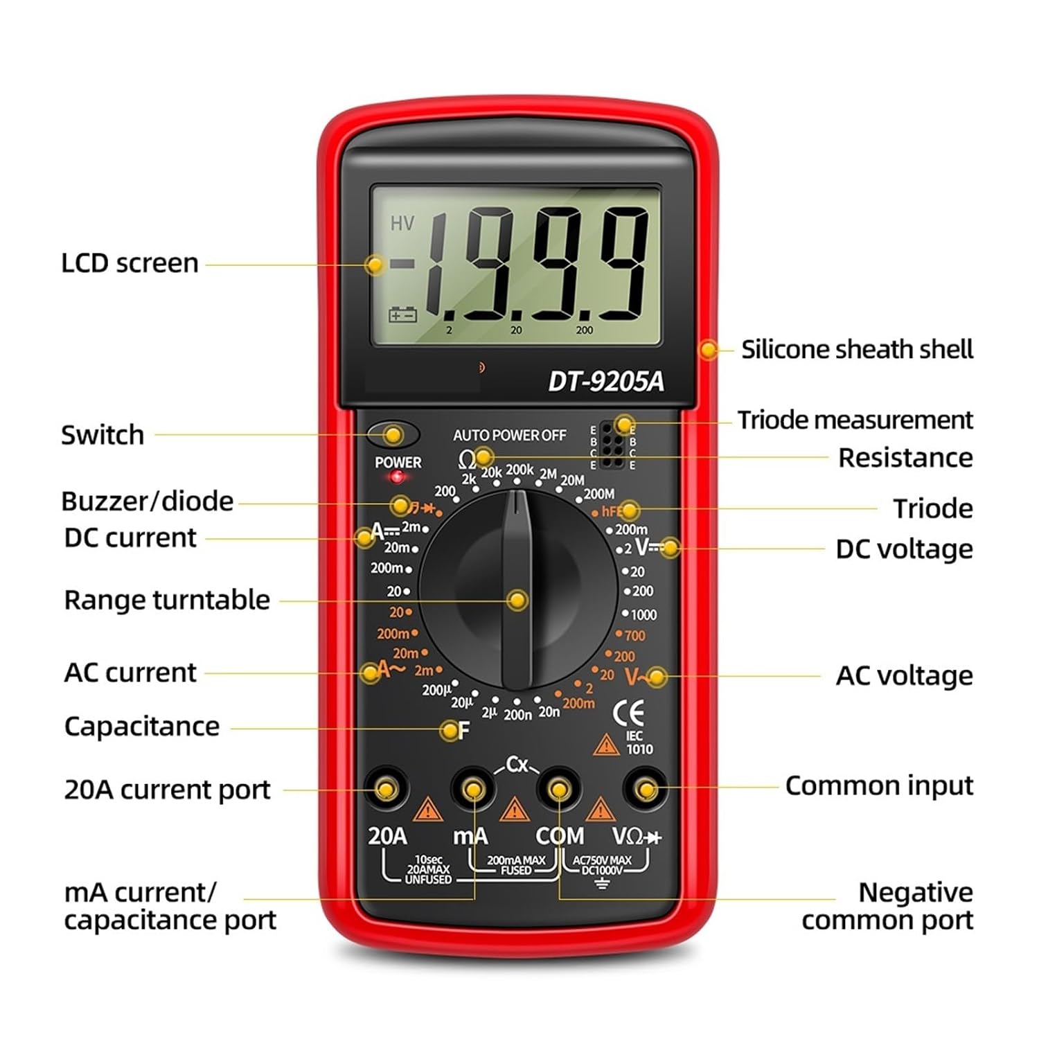 DT9205A Digital Multimeter AC/DC Transistor(DT9205A-1 red pro)