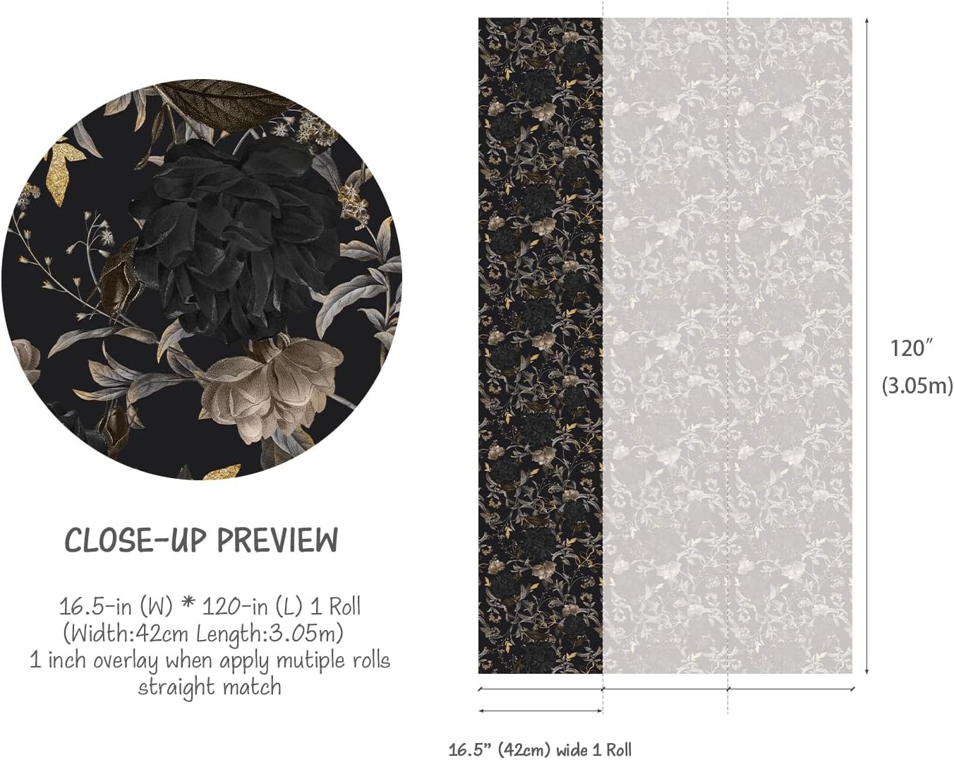 Gothic Black and Gold Self Adhesive Wallpaper - Dark Moody Floral Peel and Stick Wallpaper - Black/Gold/Gray Bathroom, Bedroom, Living Room, Accent Wall