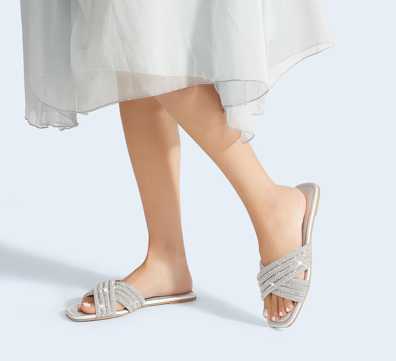 LUCKY STEP Women's Rhinestone Flat Sandals Open Toe Summer Glitter Bling Sparkle Dressy Slip on Outdoor Crossed Strap Slide - Image 8