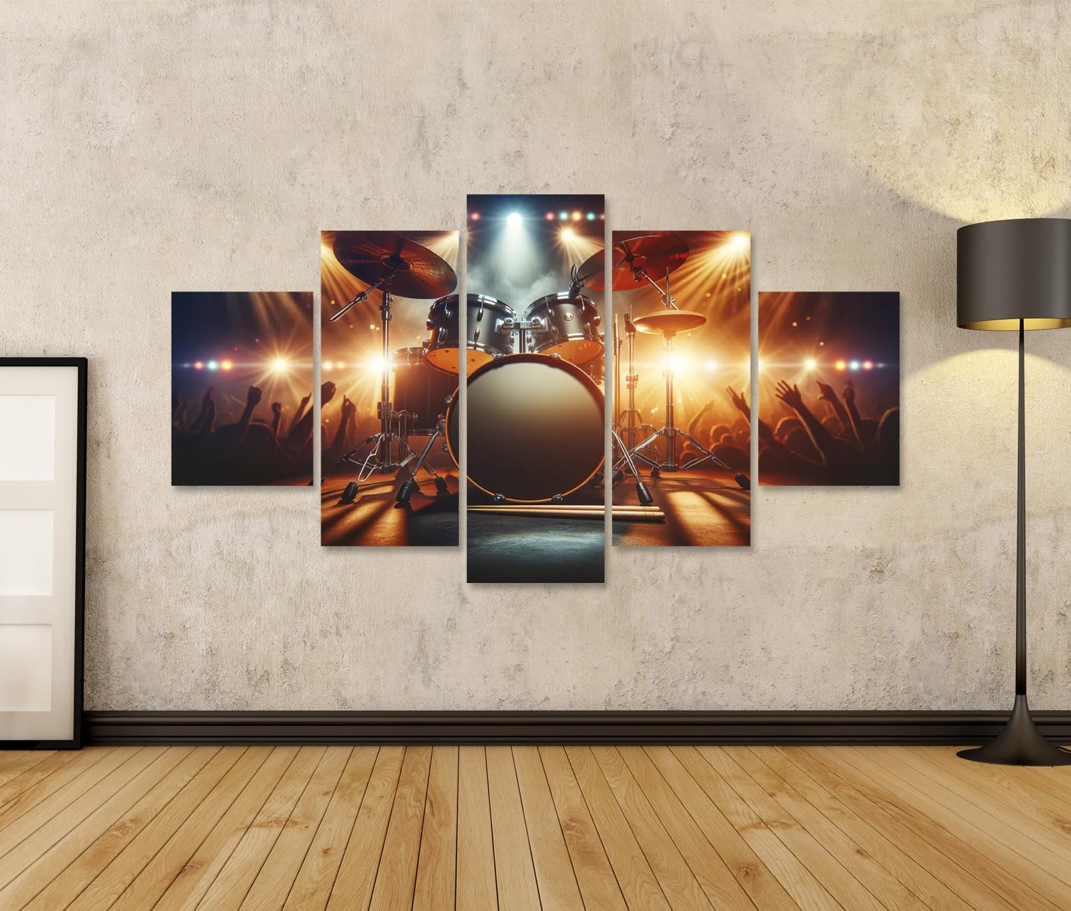 islandburner Bild auf Leinwand Schlagzeug Konzert mit Lichtern und jubelnden Menschen im Hintergrund Bilder Wandbilder Poster