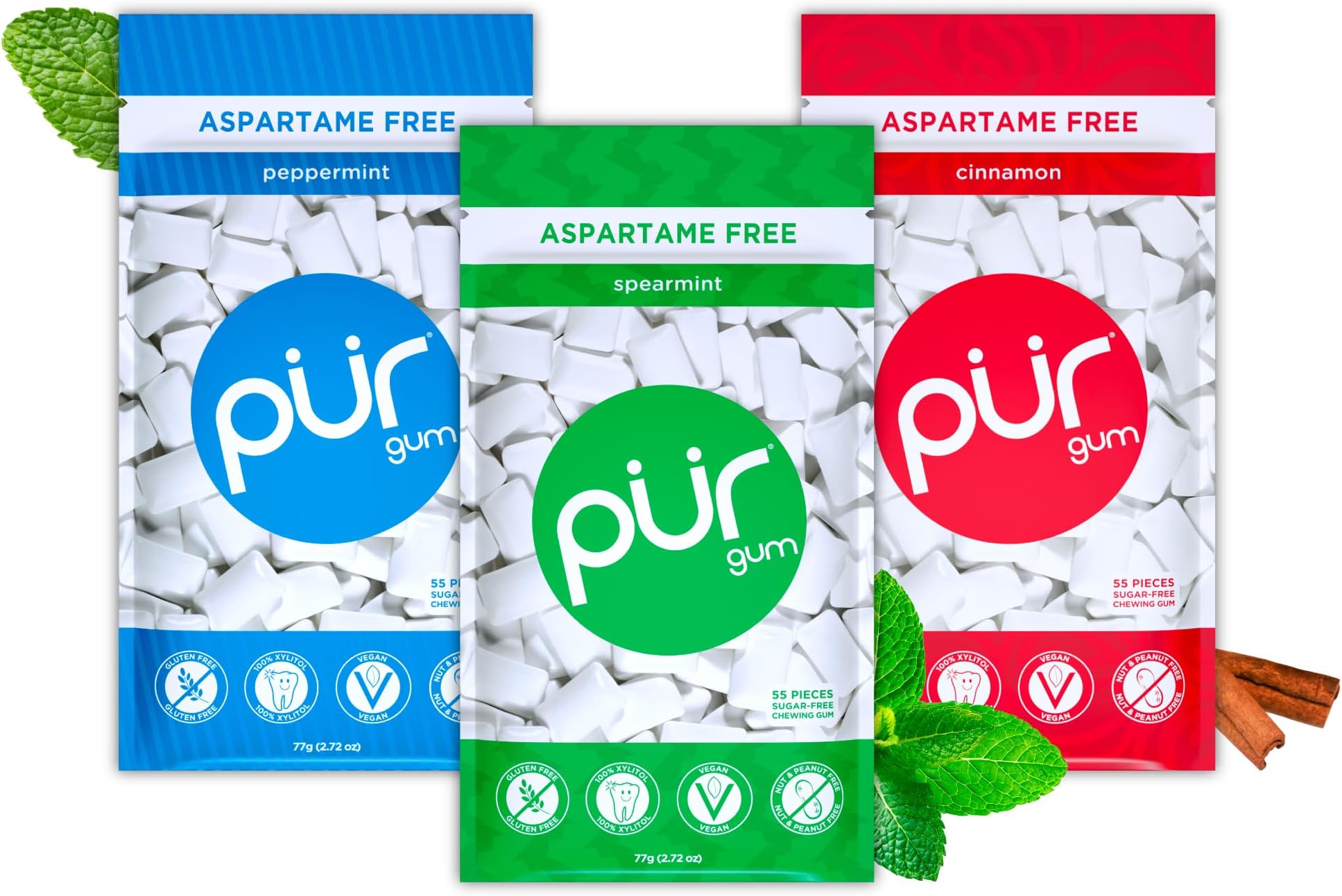 Aspartame Free Chewing Gum | 100% Xylitol | Natural Flavored Gum, Variety Pack, 55 Pieces (Pack of 3)