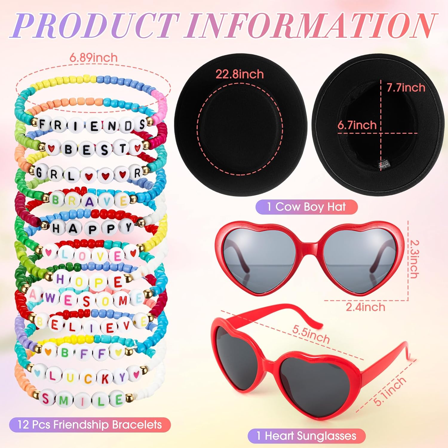 Costume Accessories Black Wide Brim Jazz Hats 22" Heart Sunglasses Friendship Bracelets Sets Popular Singer 90s Party Favor for Women Costume Party Music Festival Concert - Image 4