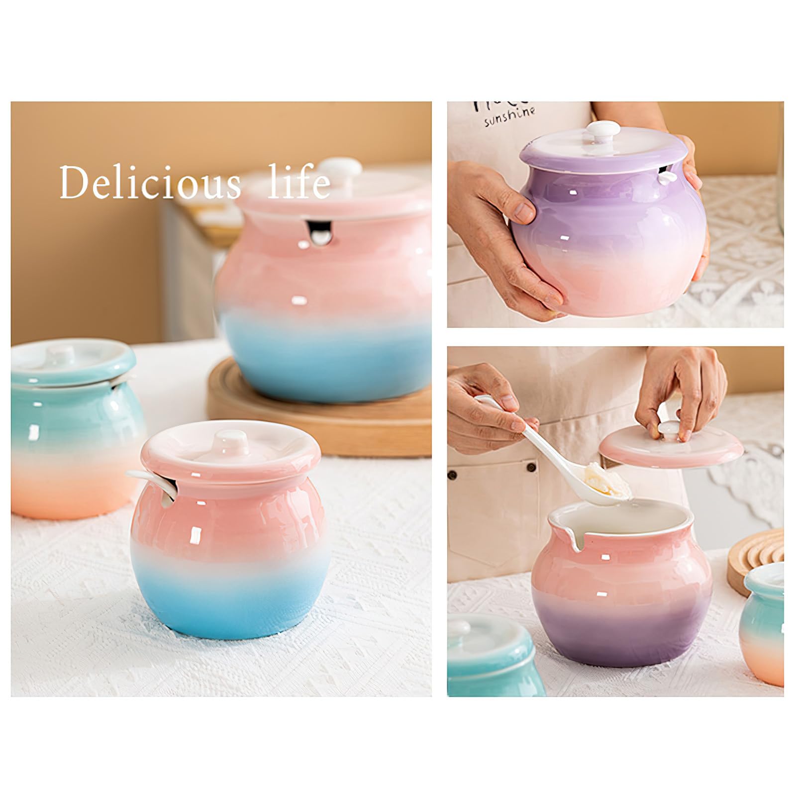 Azucarero de cerámica con tapa y cuchara, tarro de porcelana para sal y azúcar, recipiente para condimentos, tarro de almacenamiento de condimentos de pimienta para el hogar, cocina, 300 ml,