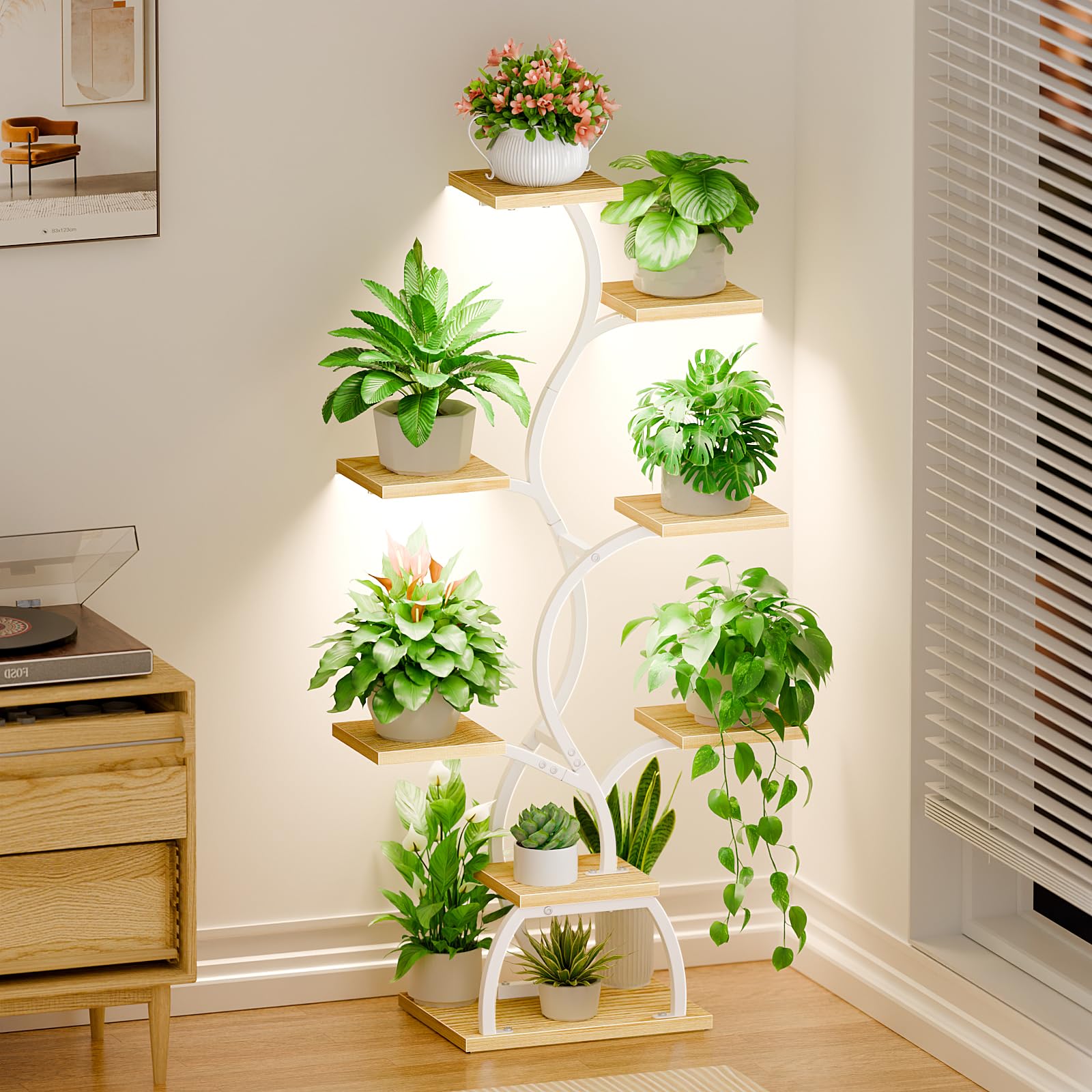 BACEKOLL Soporte para plantas con luz de crecimiento - 8 niveles, soporte para flores de 124 cm, metal y madera, estantería para plantas - Escalera de flores para interior y exterior - Blanco