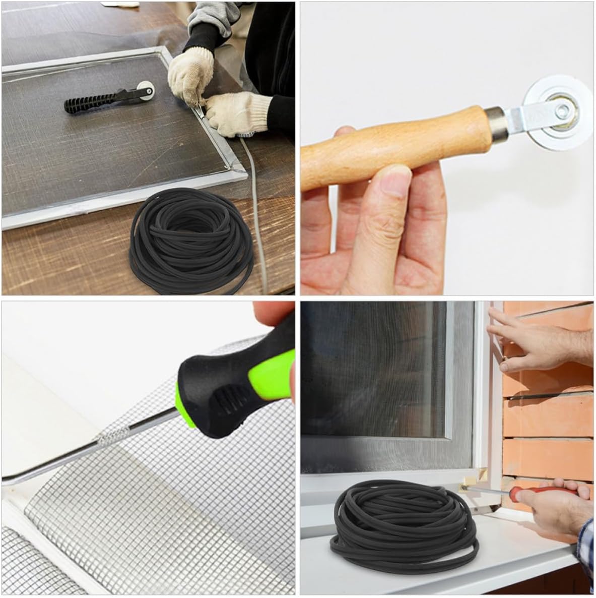 Window Screen Replacement Tool Kit 3pcs with Wood Roller, Carbon Steel Hook, and Rubber Strip for DIY Projects, Simple to Open and Close Windows, Sturdy Screen Door Repair Set