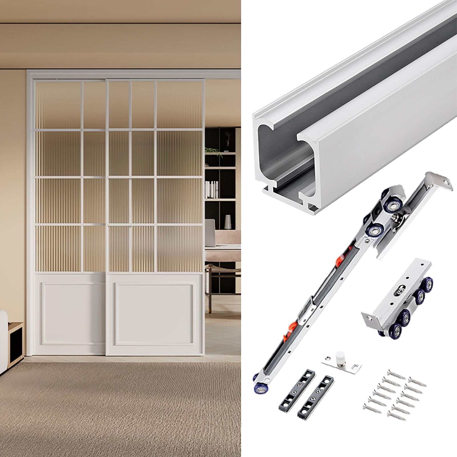 Soft-Close Sliding Door Roller Kit, Garage Rolling Barn Door Hardware Kit, Barn Door Track Roller Assembly, Pocket Door Frame Kit with Soft-Close Mechanism (Silver-White,4.5m/14.8ft)