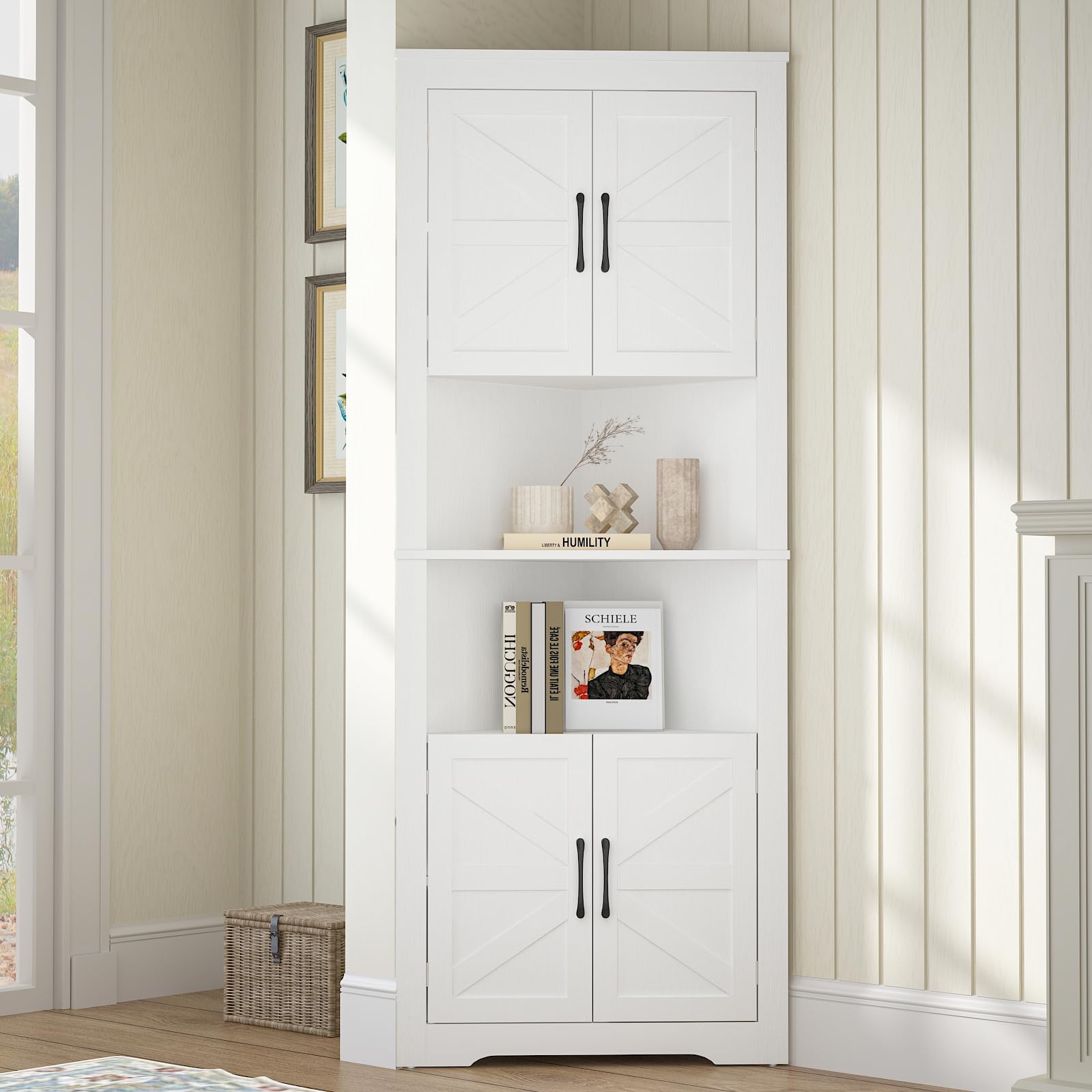 JOZZBY Corner Storage Cabinet, Farmhouse Corner Cabinet with Barn Doors & Adjustable Shelves, Corner Hutch Shelf Home Space Saver for Kitchen, Living