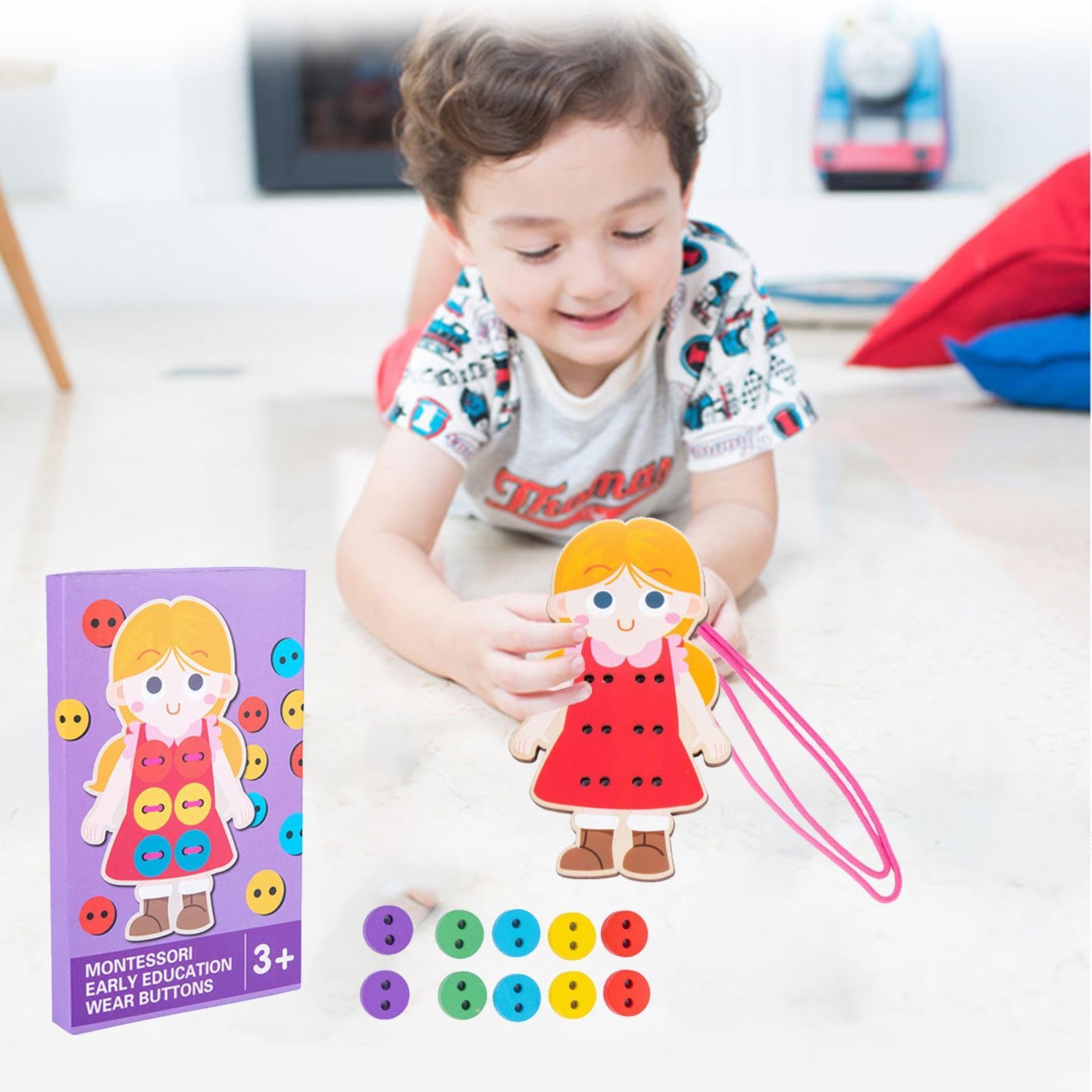 Jouet à Lacer Et Coudre Pour Enfants 3-5 Ans - Cartes En Bois Avec Boutons, Pour Développer La Motricité Fine