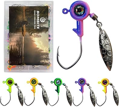 Crappie Jigs with Spinner - 1/32 oz, 1/16 oz, 1/8 oz Underspin Jig Heads for Crappie, Panfish, Bass - 40pcs