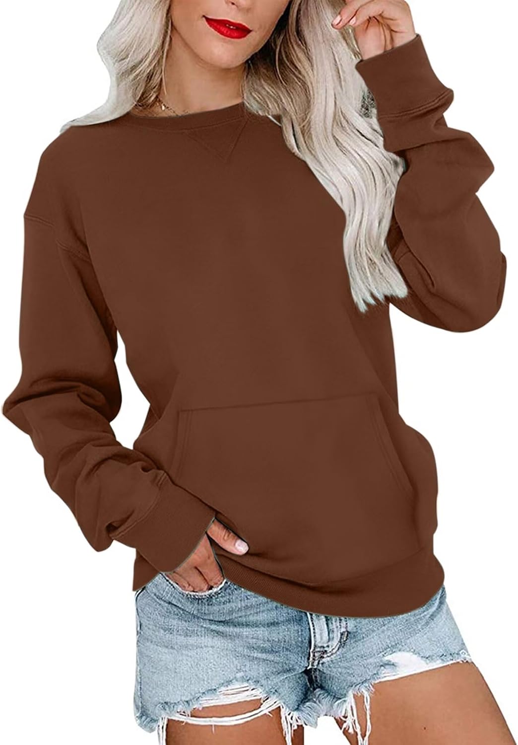 Ovanviso Womens Crewneck Sweatshirts with Pocket Trendy Fashion Pullover Loose Fit Long Sleeve Tops 2026