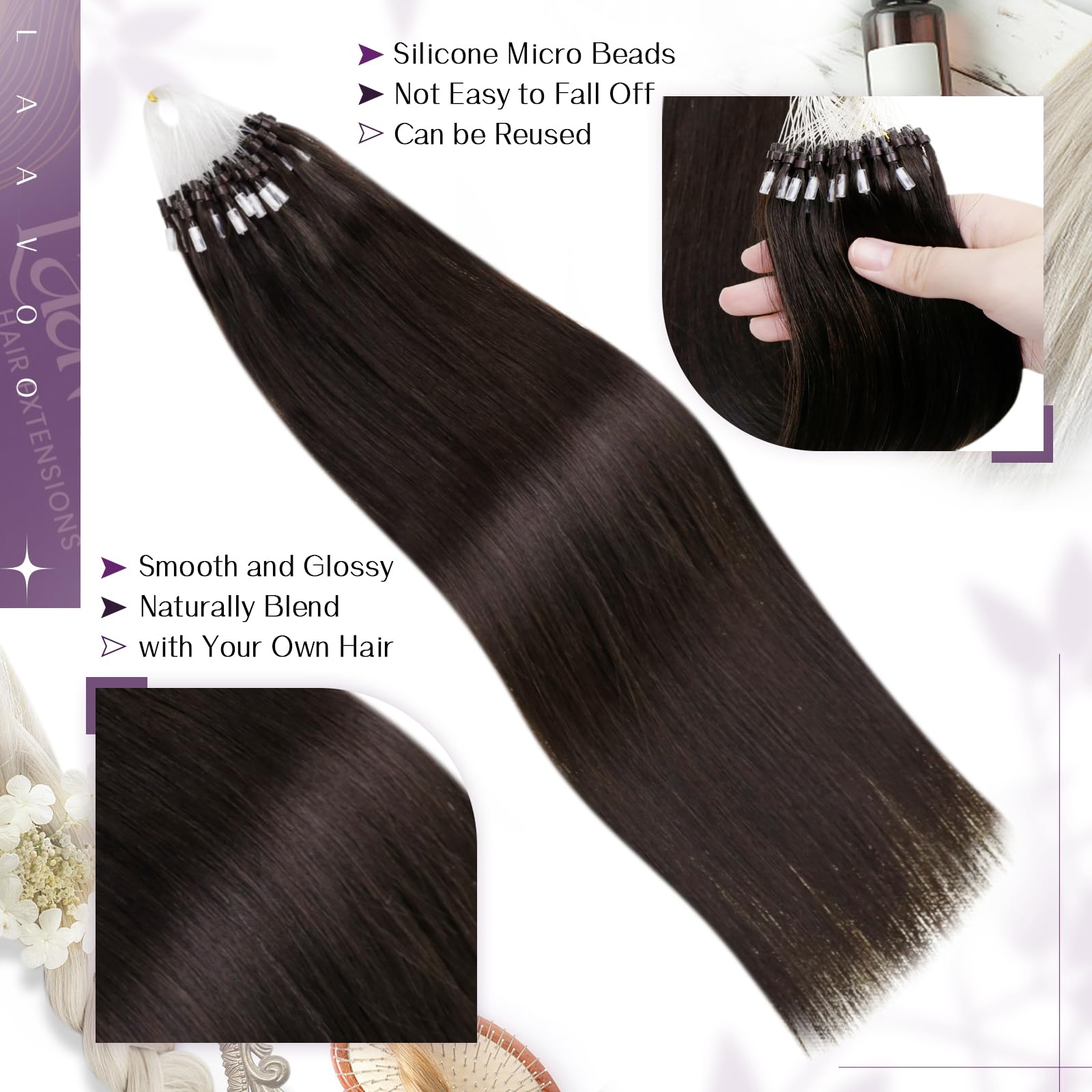 LaaVoo Micro Ring Hair Extensions Real Human Hair Brown Remy Straight Darkest Brown Invisible Micro Beads Hair Extensions 50g 50s 18 Inch #2 - Image 2