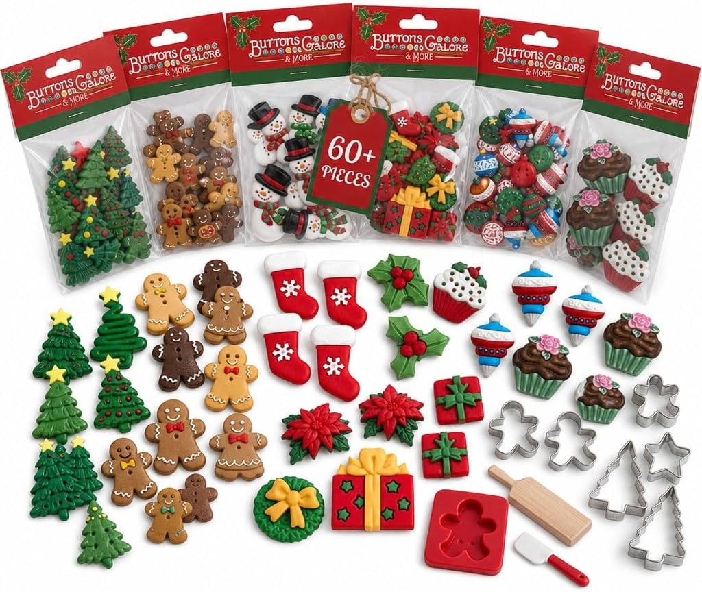 Buttons Galore 60+ Assorted Christmas Buttons for Sewing & Crafts - Set of 6 Button Packs - Gingerbread, Presents, Chirstmas Trees & More