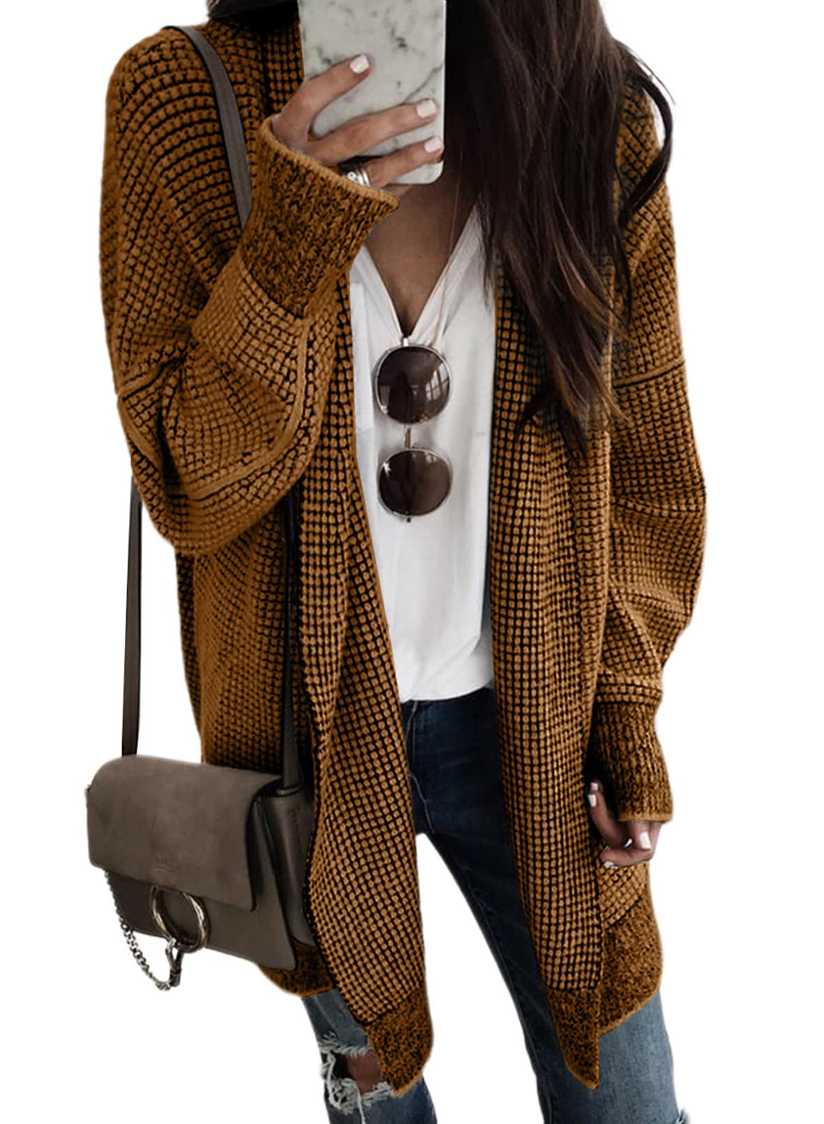 Sidefeel Cardigan Sweaters for Women Plaid Long Sleeve Open Front Chunky Knit Loose Sweaters Winter Coats Brown X-Large