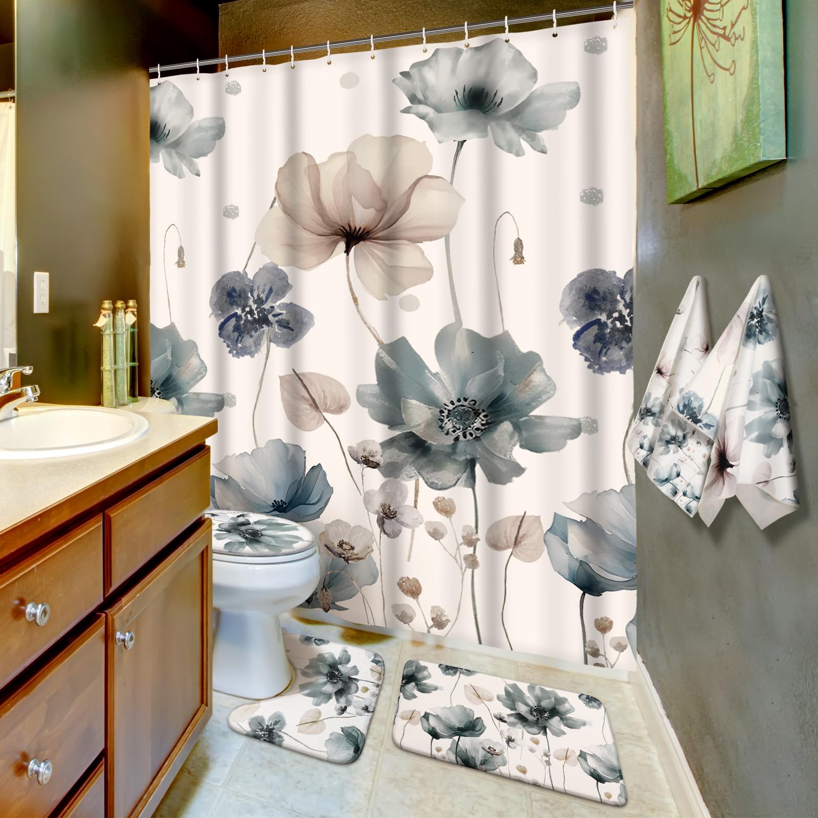 Newwiee Juego de 7 cortinas de ducha con diseño floral bohemio para decoración de baño, cortina de ducha y tapetes, toallas, alfombrilla de inodoro, impermeable, accesorios de baño de acuarela
