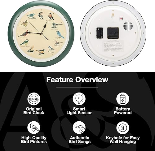 Miniatura 3 de Mark Feldstein, The Original Singing Bird - Reloj de pared, 13 pulgadas, color verde