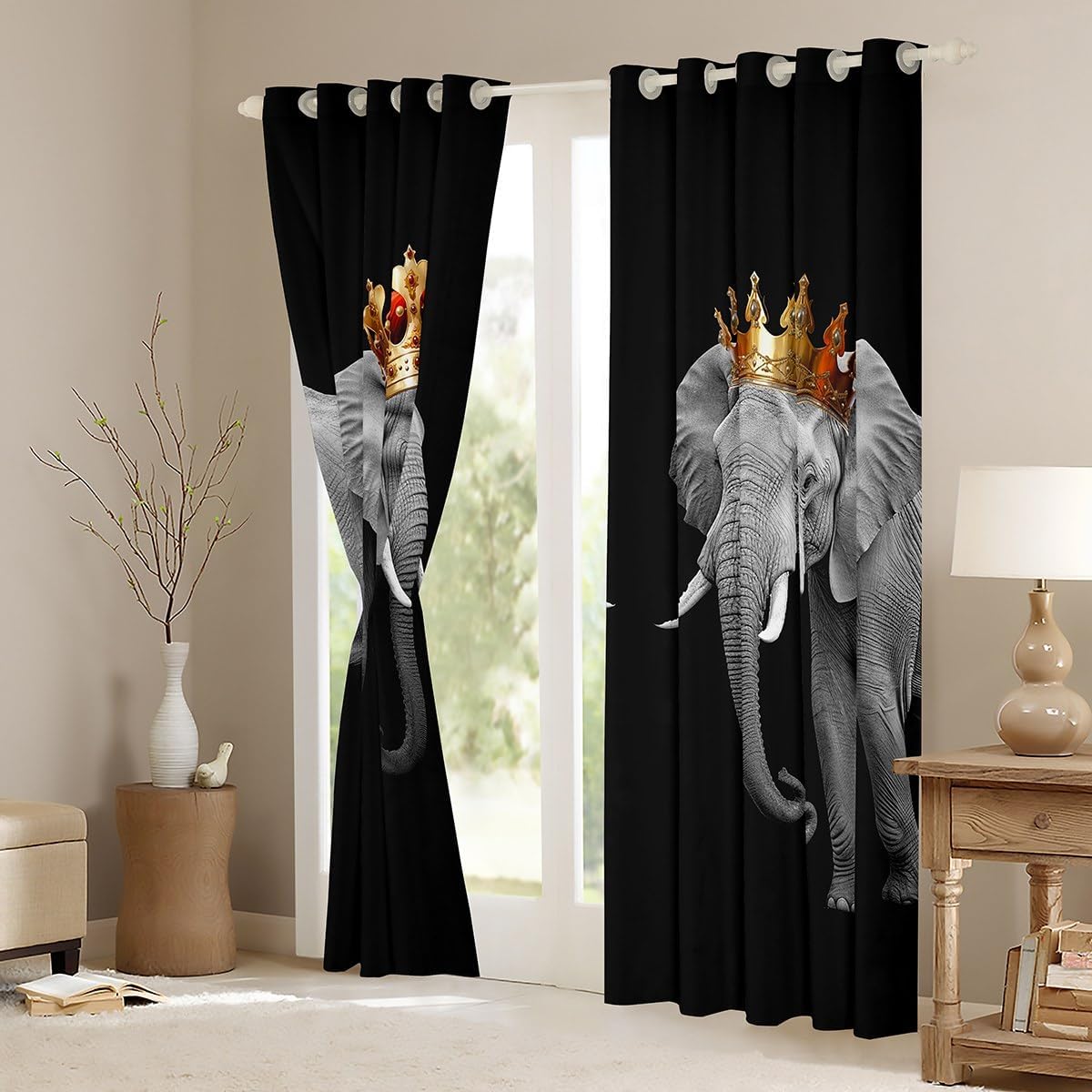Homewish Elephant Couple Curtain Home Decor,3D African Tropical Wild Animal Blackout Window Curtains for Bedroom Decor,Golden King and Queen Crown Window Treatment Curtains for Kids, 52Wx96L inch