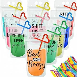 Patelai 36 Sets Drink Pouches with Straws Drink Pouches for Adults Reusable Smoothie Juice Bags Reclosable Juice Bags for Adults Summer Beach Party Supplies (black, 9 Styles)